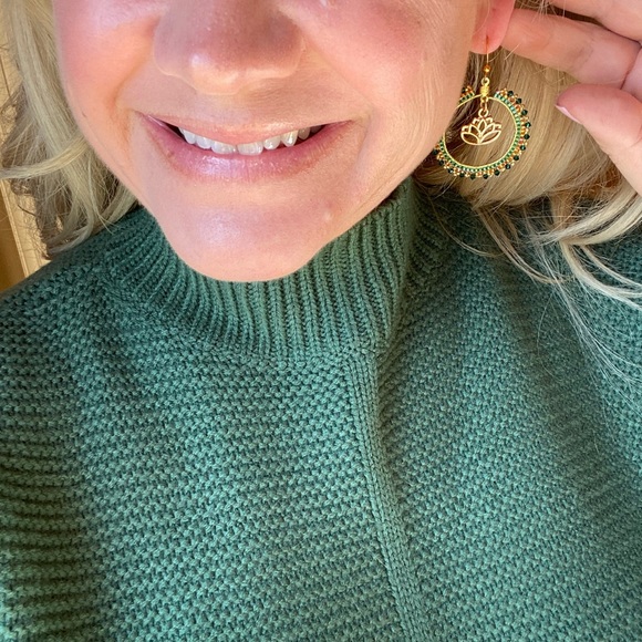 Boho Lotus Flower Green Hoop Beaded Earrings - Picture 8 of 8